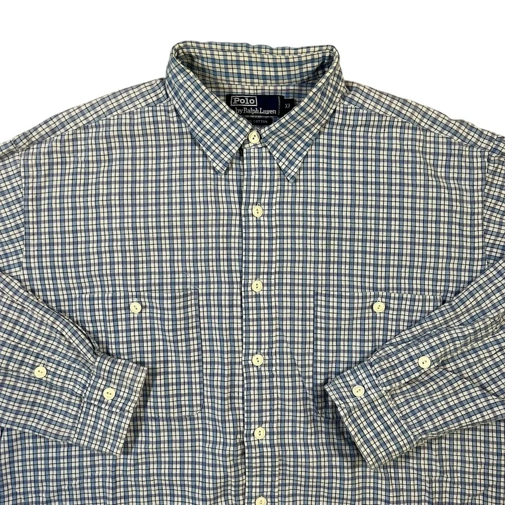 Vintage Polo Ralph Lauren Plaid Button Down Shirt Long Sleeve XL Blue‎ White